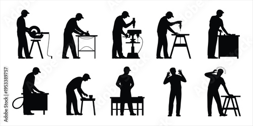 Silhouettes of Men Performing Various Tasks with Tools on White Background Keywords: man, silhouette, worker, tools, workbench