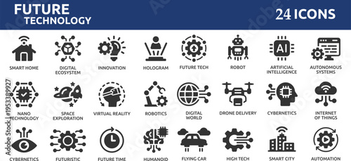 Future technology 24 icon set. Containing robot, artificial intelligence, innovation, smart city, robotics, humanoid, hologram, digital world, high-tech and automation. Solid vector icons