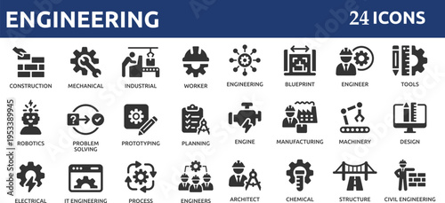 Engineering 24 icon set. Containing blueprint, engineer, tools, construction, mechanical, industrial, worker, engine, manufacturing and machinery icons. Solid icon