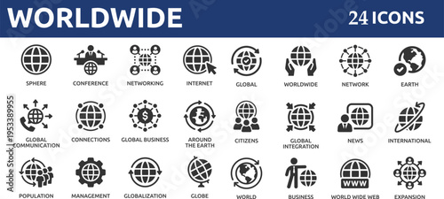 Worldwide 24 icon set. Containing world, international, global, earth, network, sphere and globe. Solid vector icons