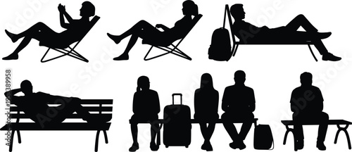 Silhouettes of people relaxing and waiting on a white background vector untitled