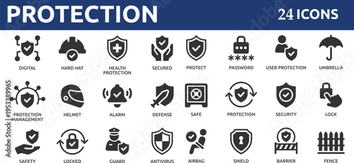 Protection 24 icon set. Containing safe, shield, lock, security, alarm, umbrella, guard, fence and more. Solid vector icons