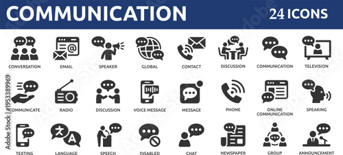 Communication 24 icon set. Conversation, message, contact, announcement, email, phone, television, radio, speaker, chat online and more. Solid vector icons