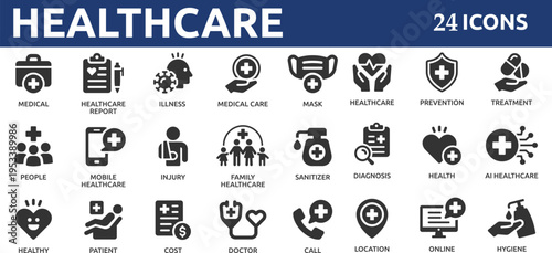 Healthcare 24 icon set. Containing treatment, prevention, medical, health, diagnosis, report, illness, injury and more. Solid vector icons