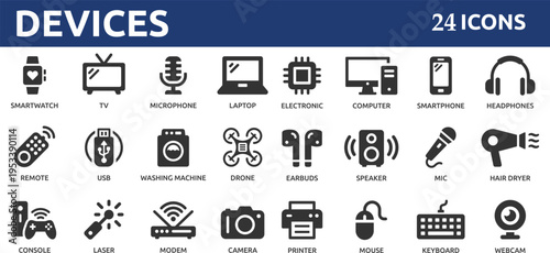 Devices 24 icon set. Containing smartphone, tablet, computer, TV, camera, speaker, smartwatch, microphone, headphones and more. Solid vector icons