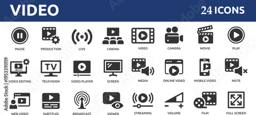 Video 24 icon set. Containing camera, play, pause, media, online video, live, production, player, movie and cinema icons.