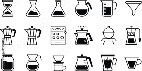 Coffee brewing equipment line icon set with moka pot, dripper, french press, carafe, funnel, beaker, coffee maker tools collection