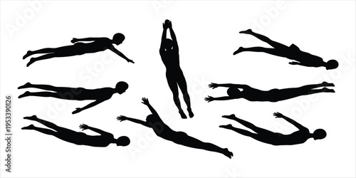 Silhouettes of swimmers in various dynamic poses on white background swimming water