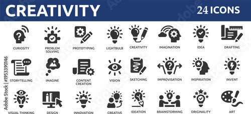 Creativity 24 icon set. Containing inspiration, imagination, design, idea, creative, improvisation, sketching, brainstorming and more.
