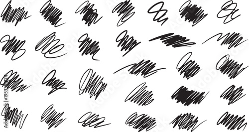 A collection of various hand drawn black ink scribbles and chaotic messy lines on white background