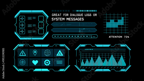 Futuristic user interface elements with glowing cyan accents on a dark background