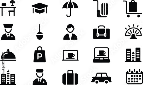 Hotel and travel service solid icon set with luggage, concierge, umbrella, trolley, laptop, coffee, calendar, car, building hospitality symbols