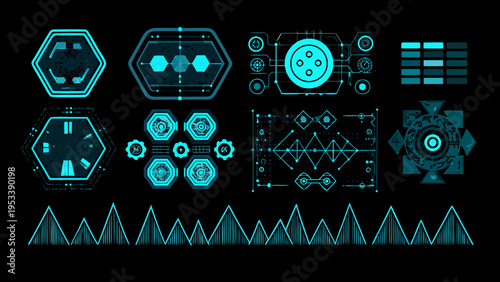 Futuristic user interface elements with glowing cyan lines on black