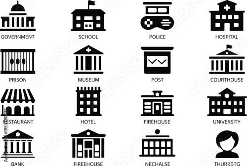 Public service and city building icons set with government, school, police, hospital, courthouse, museum, bank, university, restaurant symbols collection