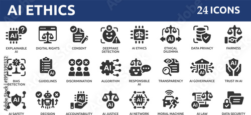 AI ethics 24 icon set. Containing data privacy, guidelines, artificial intelligence, ethical dilemma, bias detection, fairness, explainable AI, transparency and more.