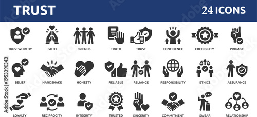 Trust 24 icon set. Containing confidence, credibility, promise, trustworthy, friends, truth, faith, sincerity and honesty.