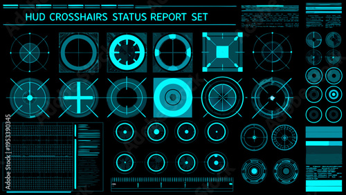 Futuristic hud crosshairs and status report set with various targeting reticles
