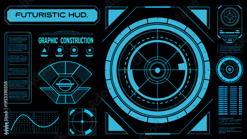 Futuristic heads up display with geometric shapes and informational graphics