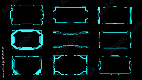 Collection of futuristic glowing teal frames and borders on a black background