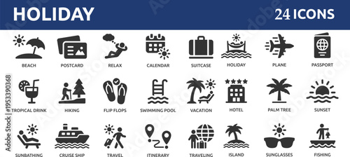 Holiday 24 icon set. Containing vacation, plane, passport, hotel, palm tree, travel, beach, sunset, island and more.