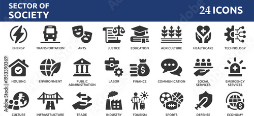 Sector of society 24 icon set. Containing agriculture, education, healthcare, energy, technology, transportation, arts, justice and more.