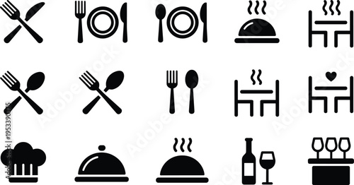 Restaurant and dining solid icon set with cutlery, plate, chef hat, serving tray, dining table, wine bottle, food service symbols