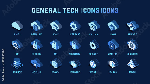Isometric blue tech icons collection presented on a dark background