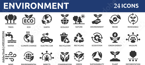 Environment 24 icon set. Containing recycling, plant, nature, eco, earth, green energy, trees, ecology and more.