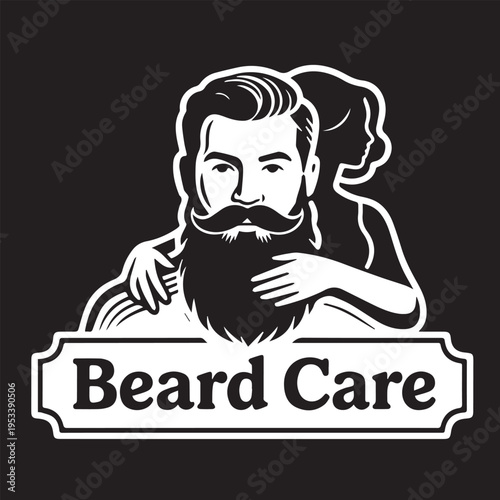 Beard Care Logo Featuring Bearded Man and Woman Silhouette for Mens Grooming Branding