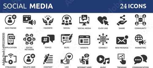 Social Media 24 icon set. Online community, media, website, blog, content, business marketing and social network icons.