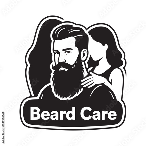 Beard Care Logo Featuring Bearded Man and Woman Silhouette for Mens Grooming Branding