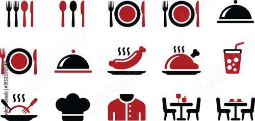 Restaurant and food service red black icon set with cutlery, plate, serving tray, chef, dining table, drink, meal symbols
