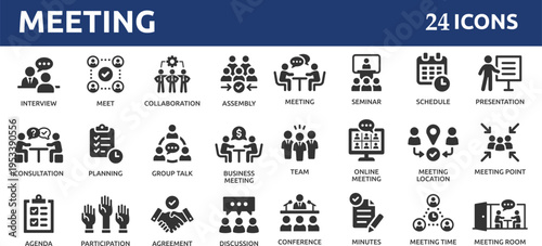 Meeting 24 icon set. Containing seminar, business meeting, presentation, interview, conference, assembly, agreement and discussion icons