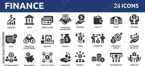 Finance 24 icon set. Containing loan, cash, saving, financial goal, profit, budget, mutual fund, earning money and revenue icons.