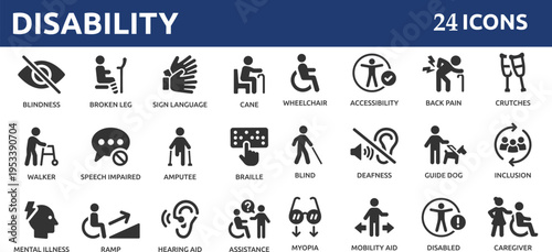 Disability 24 icon set. Containing wheelchair, accessibility, blind, broken leg, disabled, assistance and deafness icons.
