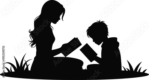 Mother and child reading books silhouette, education bonding moment, learning together outdoors, parenting concept, knowledge growth, isolated on white background