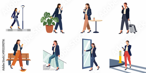 Collection of flat vector illustrations of a professional businesswoman using her smartphone in various everyday business, travel, and city life situations.