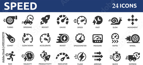 Speed 24 icon set. Containing fast, slow, movement, productivity, indicator, turbo, speeding, gauge, express and speedometer icons.