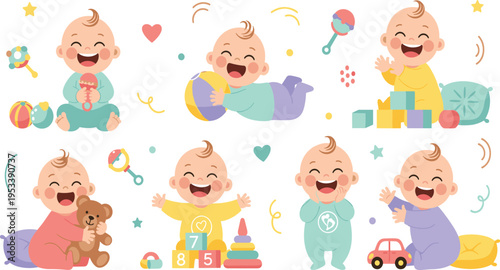 Happy Baby Characters Playing with Toys Set Featuring Smiling Infants, Colorful Nursery Elements, Cute Kids Activities Illustrations for Childcare, Parenting, and Early Development Designs.