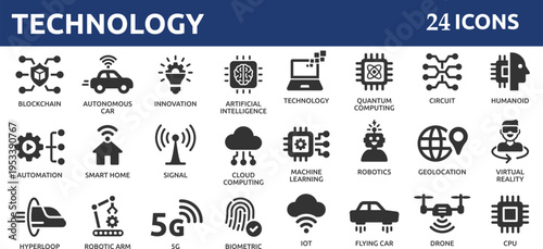 Technology 24 icon set. Containing 5g, ai, robotics, iot, biometric, geolocation, cloud computing and automation icon.