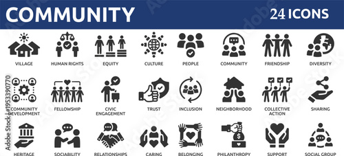 Community 24 icon set. Containing people, friendship, social, diversity, village, relationships, support and community development icons.