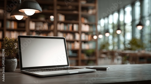 Laptop with blank screen on table in Modern library or bookstore interior with Learning and coworking space,relax zone,Library with rows of bookshelves,school or university,education concept.