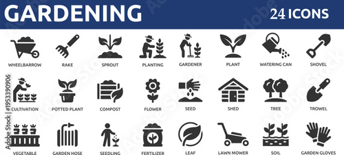 Gardening 24 icon set. Containing plant, gardener, sprout, leaf, planting, seedling, shovel, watering can, rake, cultivation and more.