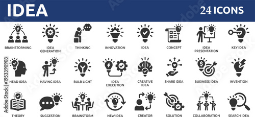 Idea 24 icon set. Creative idea, brainstorming, solution, thinking and innovation icons. Lightbulb with brain symbol vector
