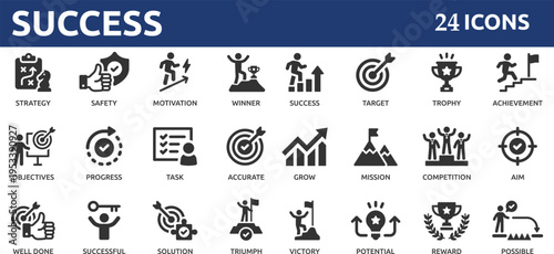 Success 24 icon set. Successful business development, plan and process symbol.