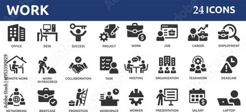 Work 24 icon set. Containing job, career, employment, meeting, organization, teamwork and networking icons.