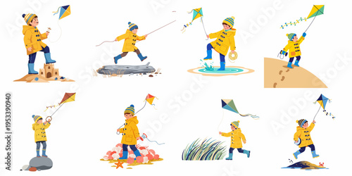 Collection of illustrations depicting a cheerful little boy in a yellow raincoat flying a kite and playing on the beach in autumn weather.