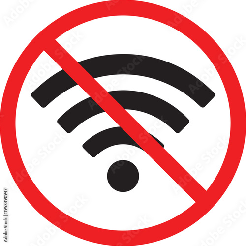 No Wi-Fi signal icon prohibition symbol for wireless internet connection vector graphic for communication and technology concepts isolated on white