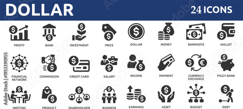 Dollar 24 icon set. Money, wallet, payment, bank, fund, earnings, income, currency, business and more.