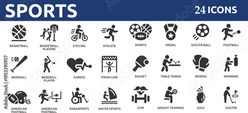 Sports 24 icon set. Containing football, basketball, trophy, competition, medal, gym, volleyball and more.